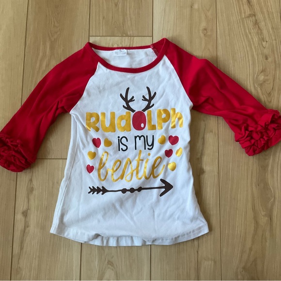 3/$20 sale Rudolph is my Bestie, girls, 3/4 length sleeve w/ ruffles - Picture 2 of 4